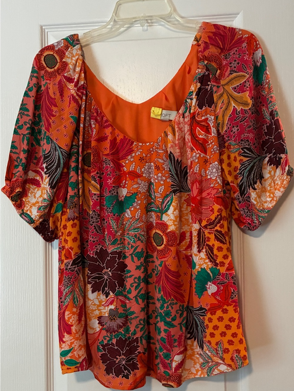 LOFT Orange Multicolor Floral Puff-Sleeve Blouse